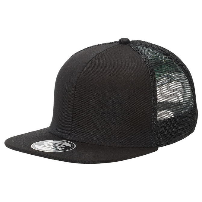 A black snapback trucker cap featuring a solid front panel and mesh back. It has a logo on the front.
