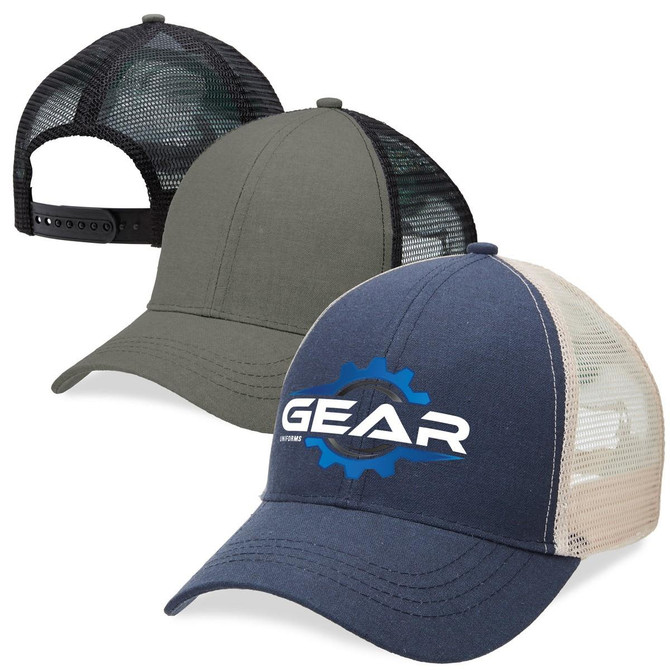 A collection of three trucker caps featuring a navy blue cap with a logo, an olive green cap, and a black mesh cap.