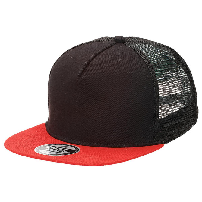 A black and red Chino Flat Peak Trucker cap featuring a mesh back and a round logo on the front.