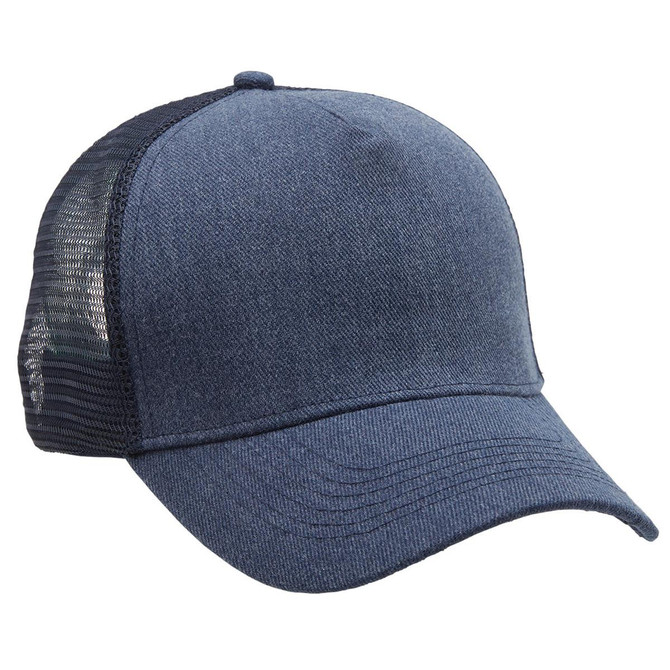 A heathered blue mesh trucker cap featuring a solid front and mesh back design.