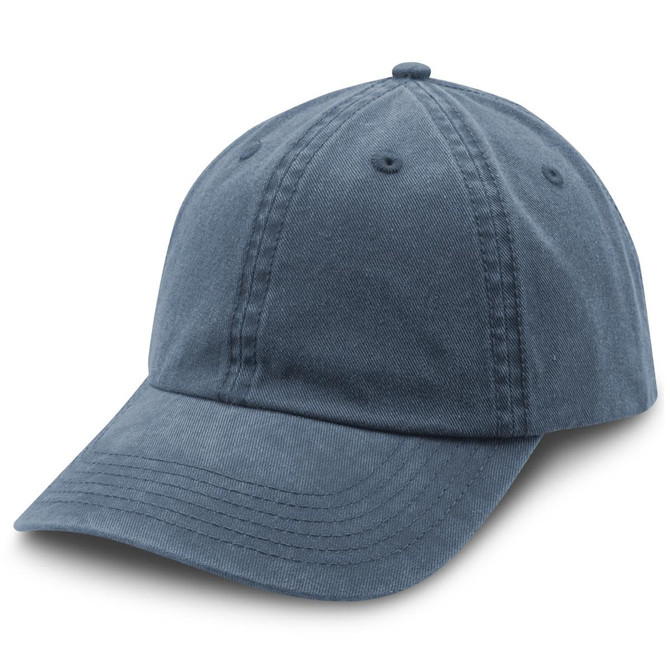 A navy blue cap with a rounded crown and a curved brim, featuring stitching details and a logo.