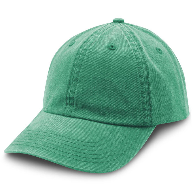 A green washed chino cap with a curved brim and a logo on the front.