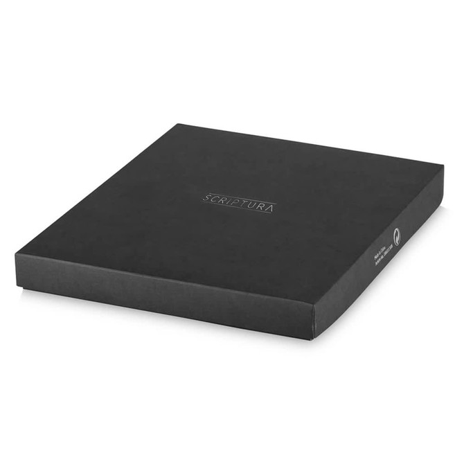 A black gift box containing the Scriptura Notebook Gift Set, featuring a sleek design and branding.