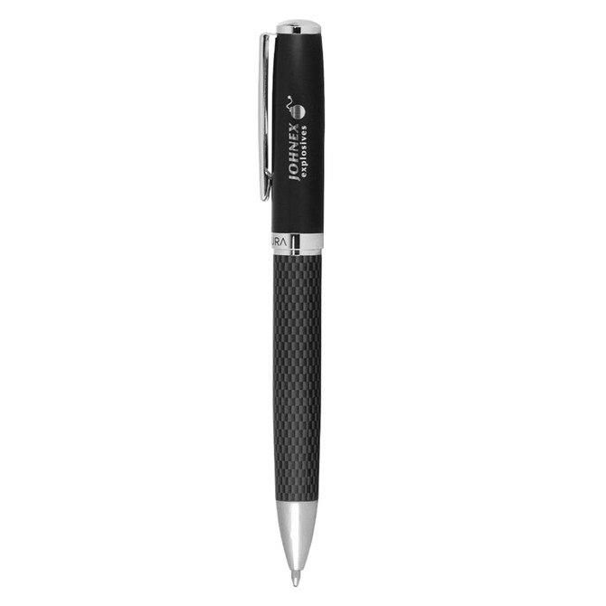 A black pen with a textured grip and silver accents, featuring a logo on the barrel.