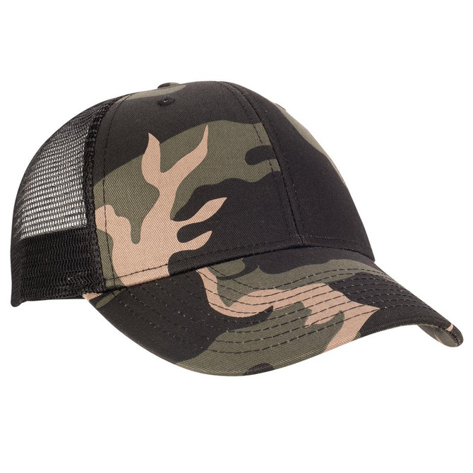 A black and camo trucker cap featuring a mesh back and a logo.