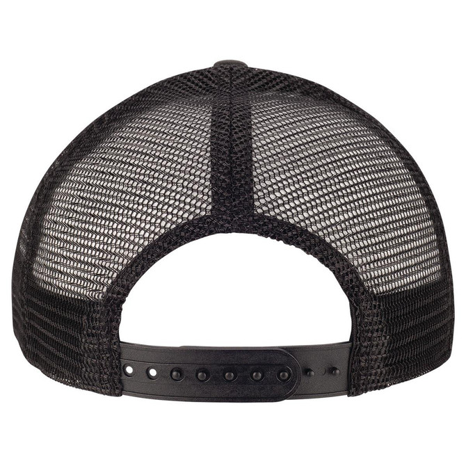 A black camo trucker cap featuring a mesh back and a snap closure. Includes a logo on the back.
