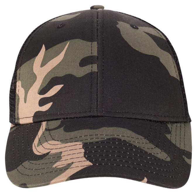 A black and green camo trucker cap featuring a curved brim and an adjustable back strap. It includes a logo.