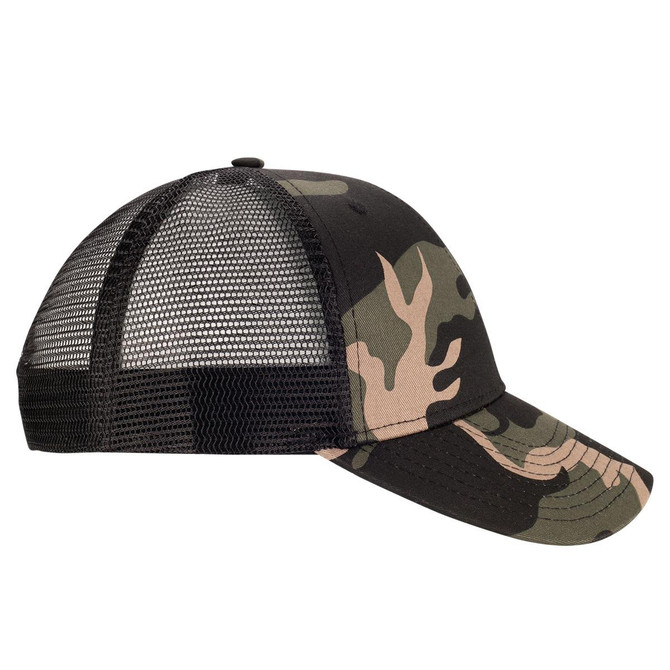 A black camo trucker cap featuring a mesh back and a curved brim. The cap includes a logo on the front.