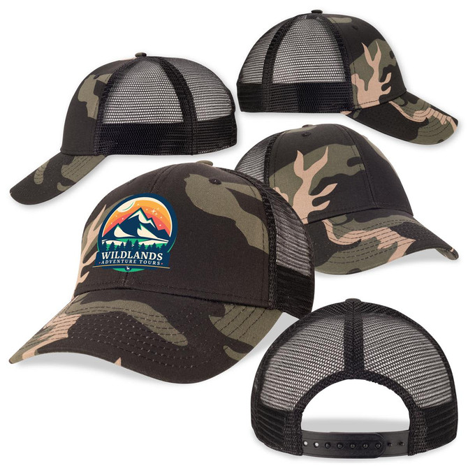 A black camo trucker cap featuring a logo, with mesh back and adjustable strap.
