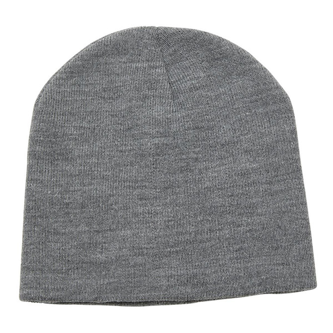 A grey beanie made from knit fabric, featuring a simple design and a logo on it.