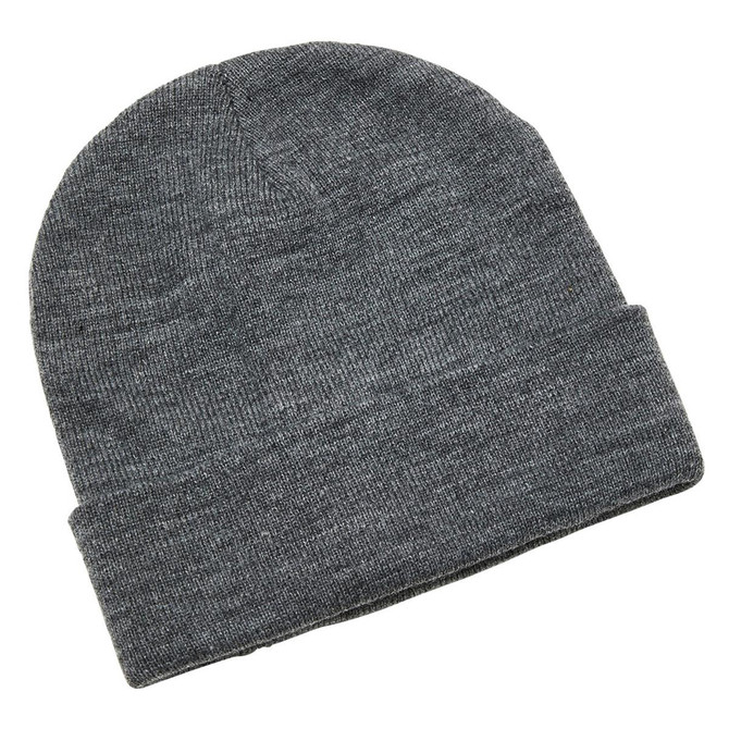 A grey beanie featuring a folded cuff, made from a soft knitted material. It has a logo on the side.