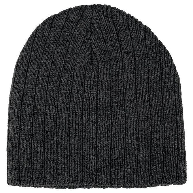 A grey cable knit beanie featuring a ribbed texture and a logo on the side.