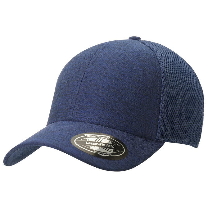 A trucker cap in a dark navy colour with a mesh back and a curved brim. Features a logo on the front.