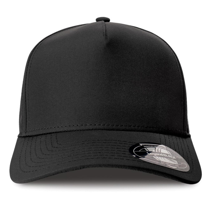 Black cap with a structured design and a logo on the side. Suitable for various outdoor activities.