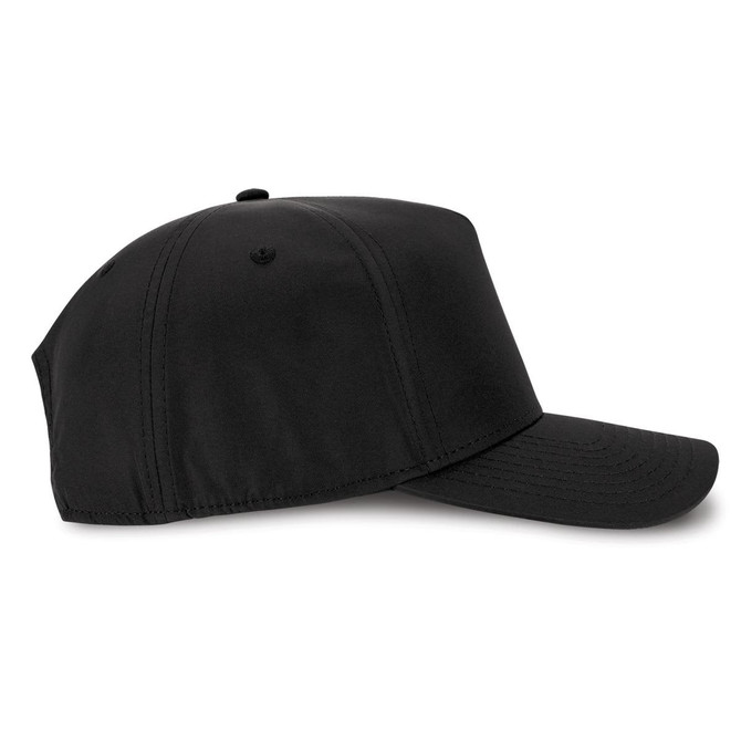 A black cap with a curved peak, featuring a simple design and a logo on the front.