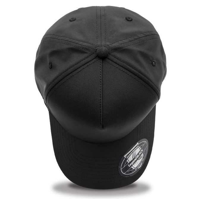 A black cap with a curved brim and a logo on the side, featuring six panels and vent eyelets.