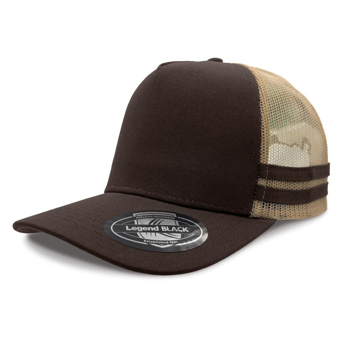 A brown trucker cap with a mesh back and a logo, featuring black stripes on the front.