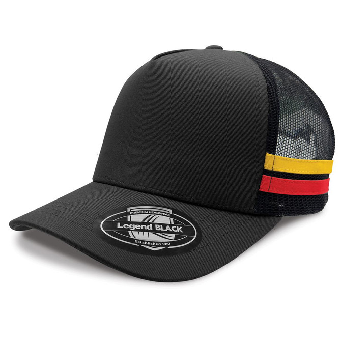 A black trucker cap featuring a mesh back and striped accents in red, yellow, and black. It has a logo on the front.