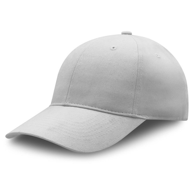 A grey premium soft cotton cap with a curved brim and adjustable strap at the back, featuring a logo.