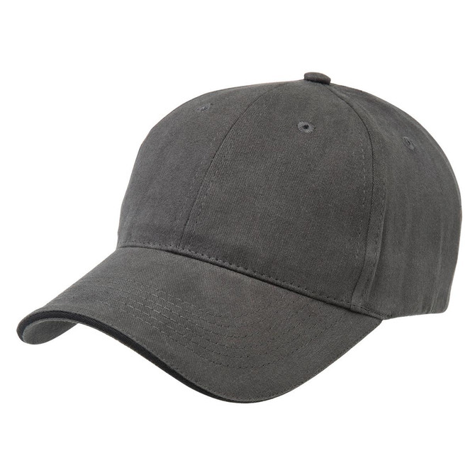A grey cap with a soft fabric finish, featuring a curved brim and a logo on the front.