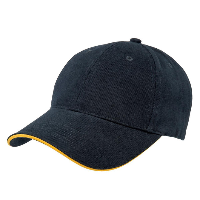 A dark green cap with a yellow brim, featuring a structured design and an adjustable strap at the back.