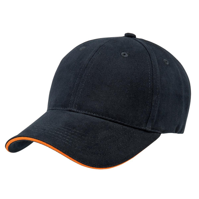 A black cap with an orange peak and detailing. It features stitching and ventilation holes.