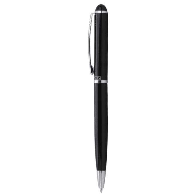 A black metal ballpoint pen with a silver clip and branding.