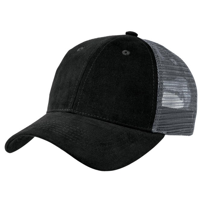 A black premium soft mesh cap with a grey mesh back and a curved brim, featuring a logo on the front.