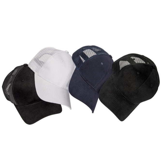 A collection of premium soft mesh trucker caps in black, navy, and white, featuring a logo on each cap.