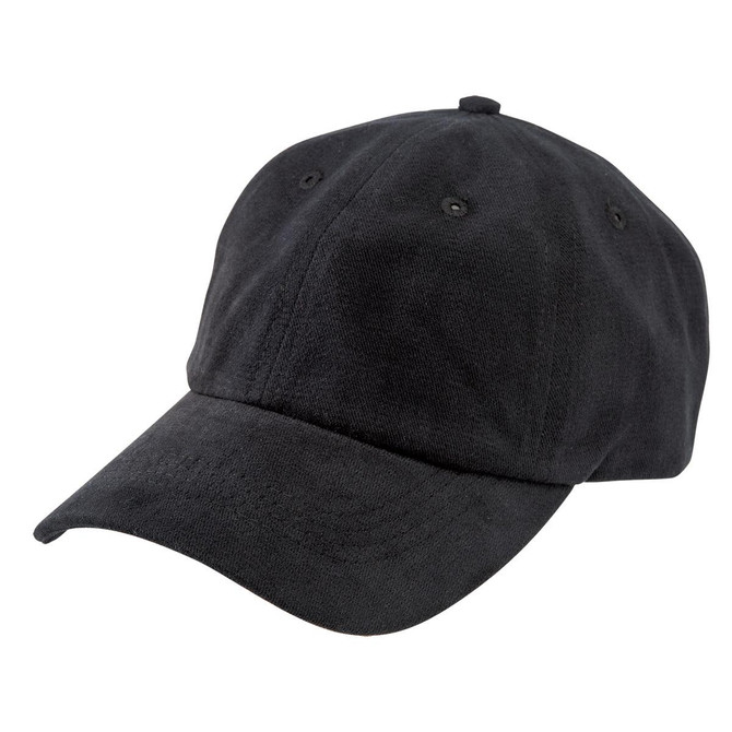 A black brushed cotton chino cap featuring a curved peak and six ventilation eyelets, with a logo present.