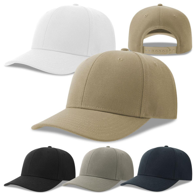 A collection of caps in white, tan, black, grey, and navy, featuring adjustable straps and a logo.