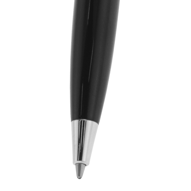A sleek black ballpoint pen with a shiny silver tip and a metal body, featuring a logo on its surface.
