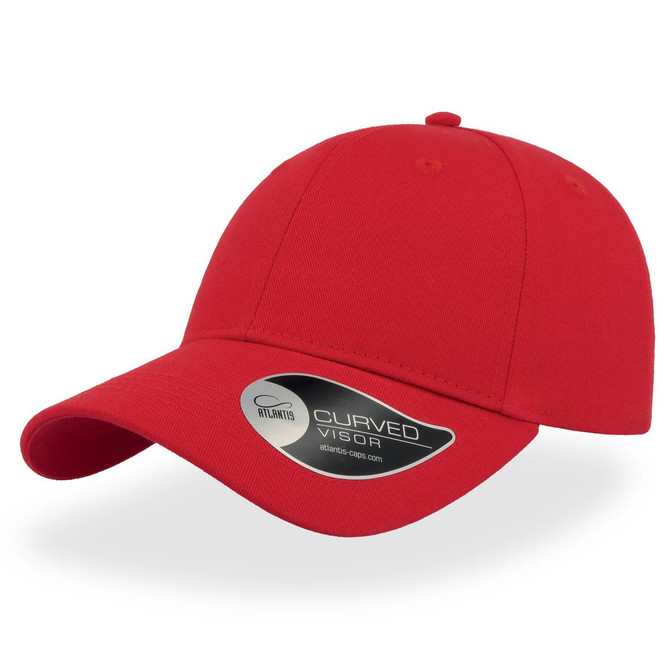 A red cap with a curved visor and a logo on the side.
