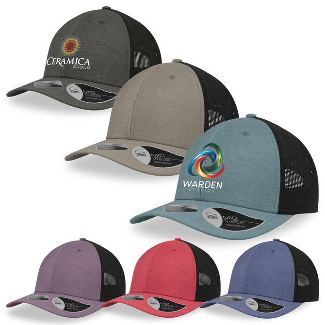 A set of caps in various colours, featuring mesh backs and distinct logos on the front.