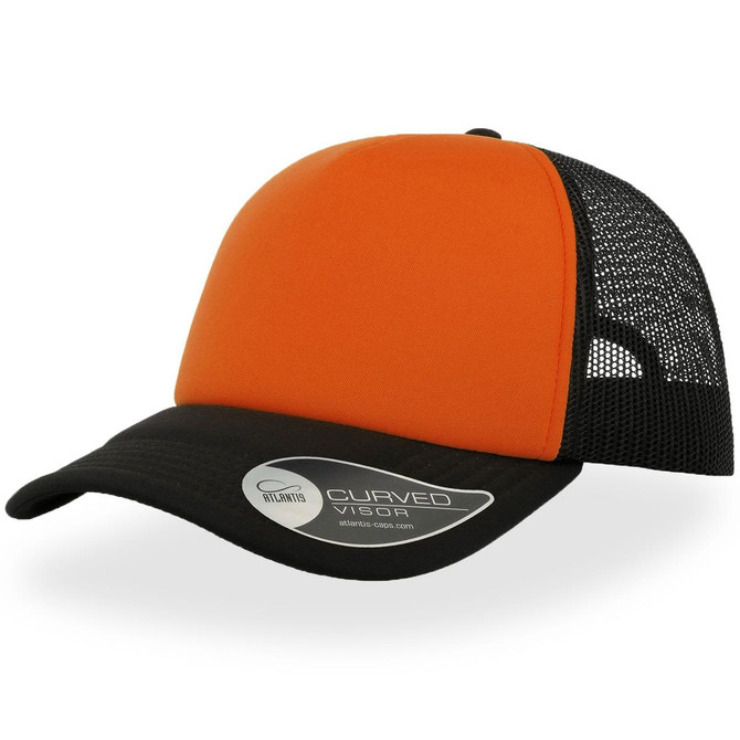 An orange and black trucker cap featuring a curved visor and a mesh back. It includes a logo on the side.