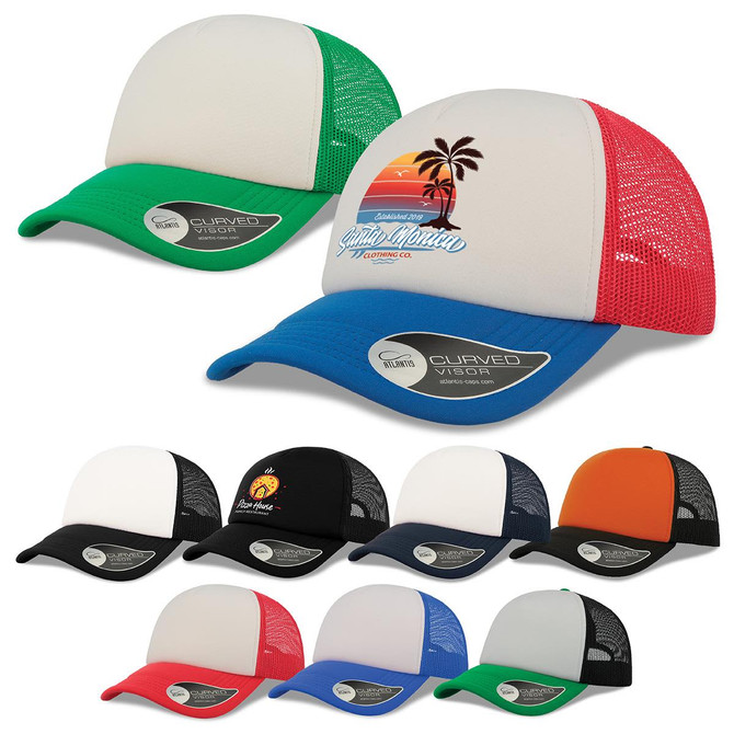 A collection of trucker caps in green, red, black, blue, navy, and orange, featuring a logo on the front.