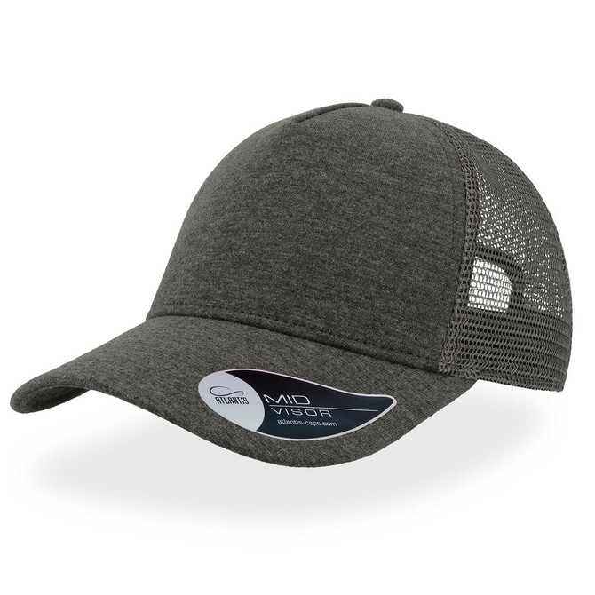 A grey trucker cap featuring a mesh back and curved peak, with a logo on the side.