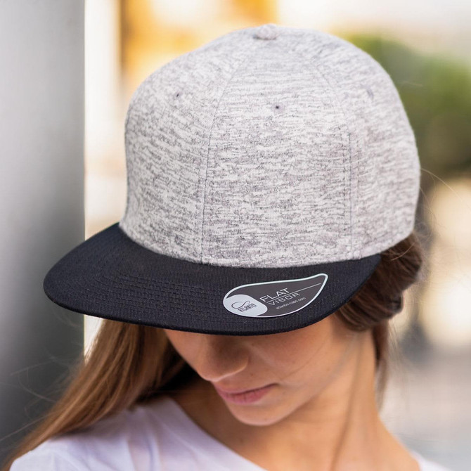 A cap featuring a grey textured crown and a black brim, adorned with a logo on the side.