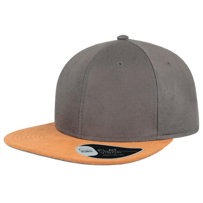 A grey cap with a tan flat brim and a logo on the side. The cap features a structured design.