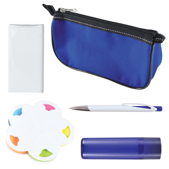 A blue pencil case containing a pen, a set of sticky notes in a flower shape, and a blue highlighter.