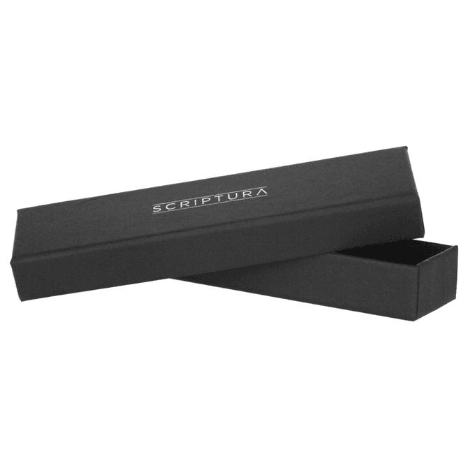 A black gift box designed for pens, featuring a sleek and minimalist design with a logo.