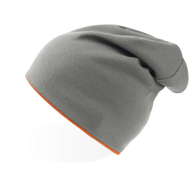 A grey beanie with an orange trim, featuring a relaxed fit and a slight slouch design. It has a logo.