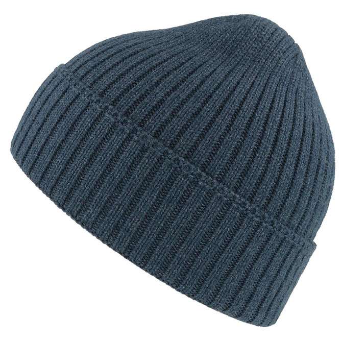 A navy blue ribbed beanie with a snug fit and a small logo on the side.