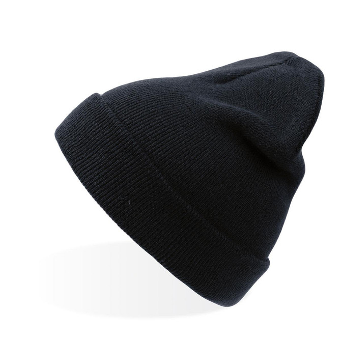 A black beanie featuring a folded cuff and a textured knit design. It has a small logo on the side.