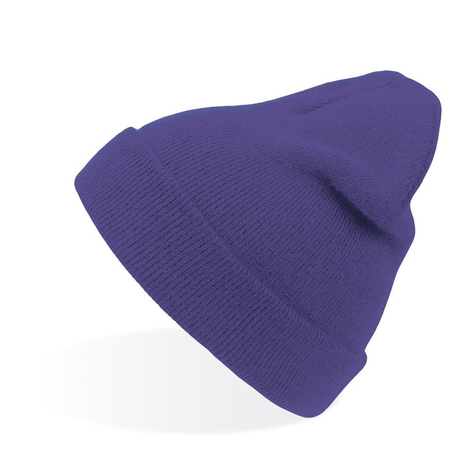 A purple beanie with a snug fit and a soft texture, featuring a logo.
