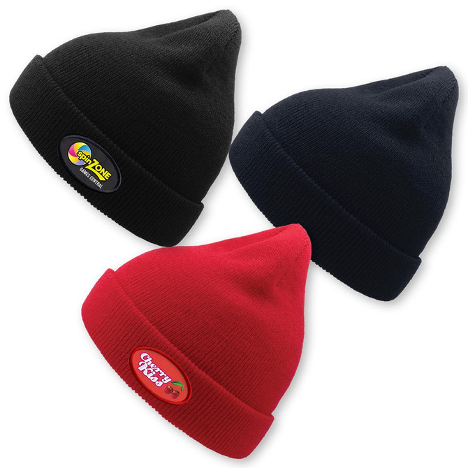 A collection of three beanies in black, navy, and red, each featuring a logo.