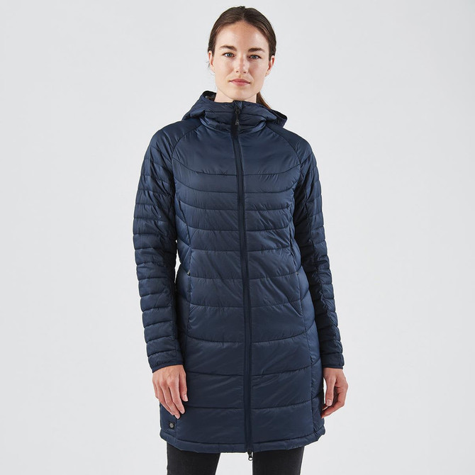 A navy women's parka jacket with a zip front, hood, and slim fit, featuring a logo on the lower side.