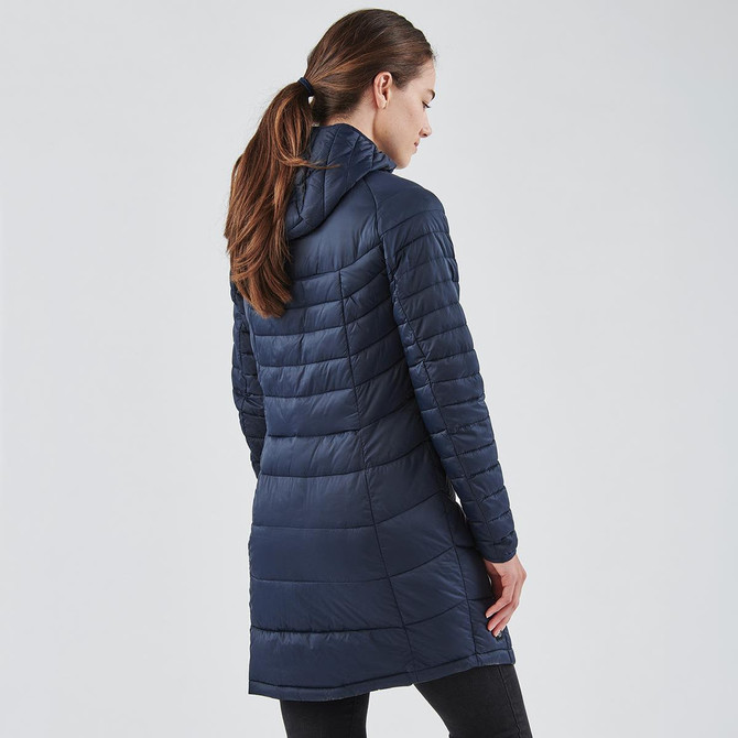 A navy women's parka with a hood, featuring a quilted design and a mid-length cut, displayed from the back.