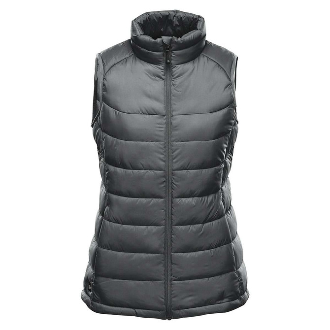A dark green thermal vest with a high collar and zip closure, featuring a quilted design and sleeveless style.