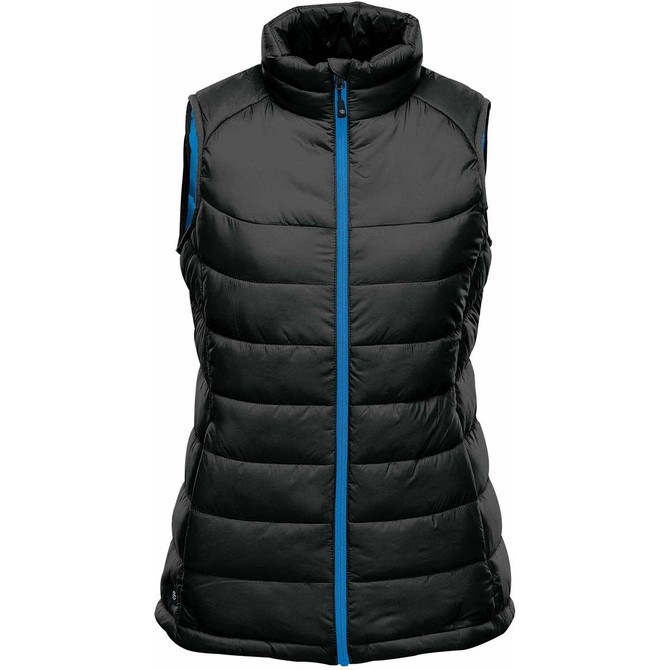 A black women's thermal vest featuring a high collar and contrasting blue zipper. It has a padded design and a logo.